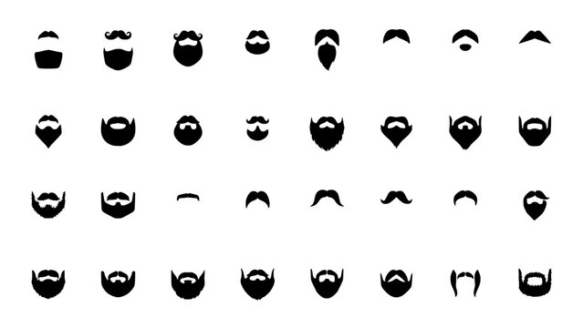Beards and Mustaches in Various Styles and Shapes, Black and White Vector Illustrations Featuring Facial Hair, Clean, Shave