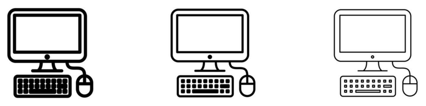 Desktop computer flat icon with keyboard and mouse. Vector illustration.
