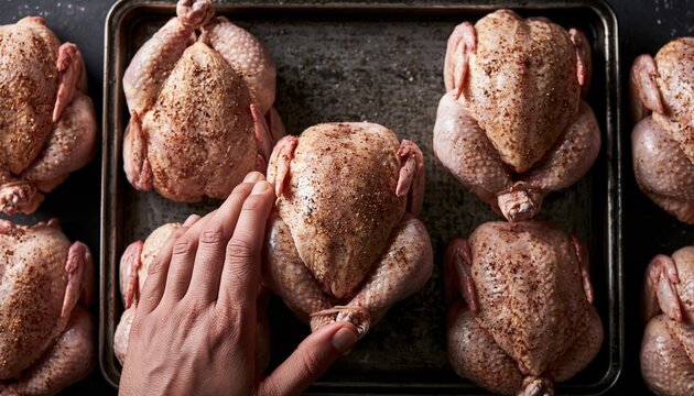 Hand placing raw chicken in tray for roasting or grilling preparation