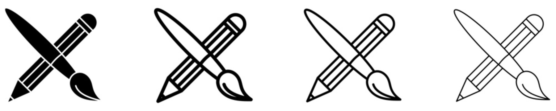 Crossed brush and pencil solid glyph icon for art and creativity. Vector illustration.