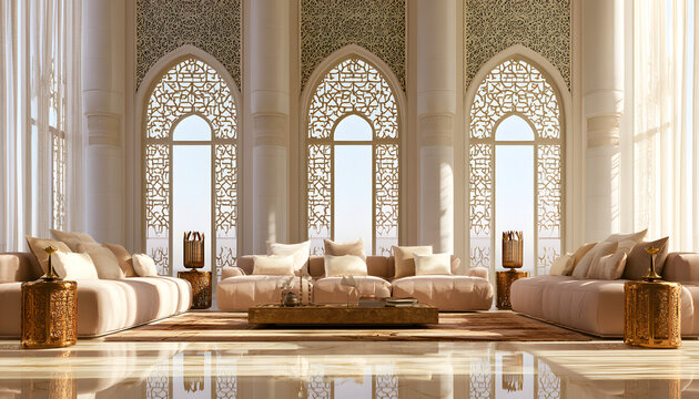 Modern Arabic living room features plush beige sofas and ornate arched windows. Golden accents and marble floor create a luxurious ambiance. Sunlight streams through sheer curtains.