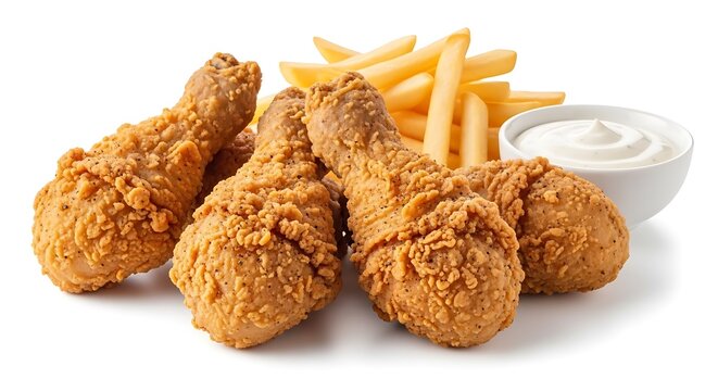 Crispy fried chicken drumsticks with french fries and dipping sauce on white background