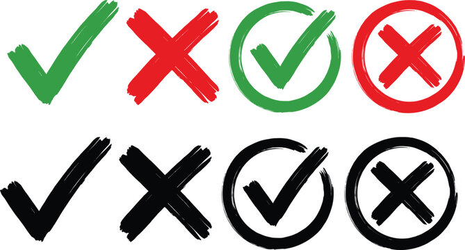 Check mark and cross icon collection with brushstroke style, green red and black color scheme, approval and rejection concept flat vector illustration