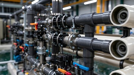 Obraz premium Industrial piping and filt n equipment arranged in rows within a modern water processing facility
