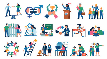Fototapeta premium Flat Vector Illustration of Diverse People, Social Concepts, Life, Career, Family, and Community Development