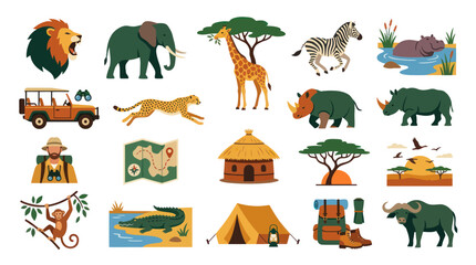 Obraz premium African Safari and Wildlife Adventure Flat Design Icons Set: Animals, Explorer, Vehicle Travel Elements