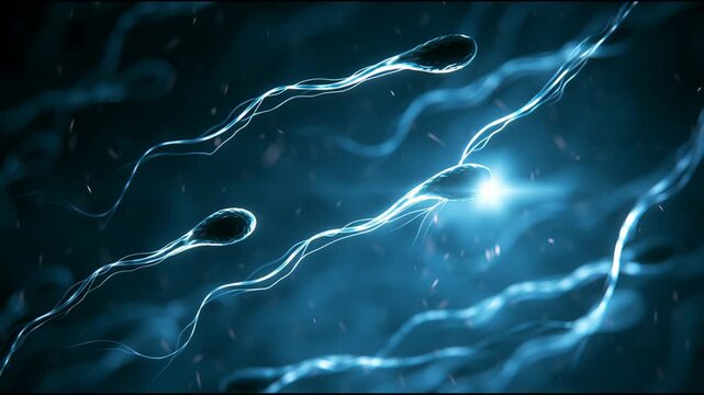 Glowing sperm cells move swiftly through water, aiming for a light source. This captures their active journey in a detailed microscopic environment.