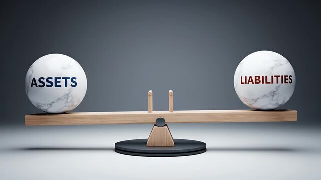 Assets and liabilities marble spheres balanced on a wooden seesaw in studio light