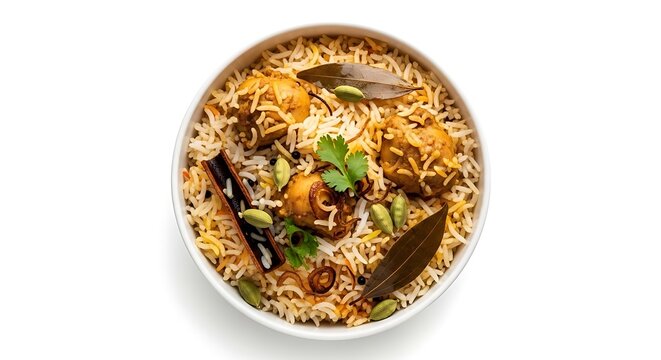 Delicious bowl of rice and chicken with spices and herbs on white background