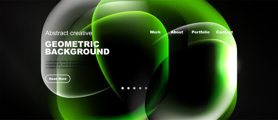 Naklejka premium Dark background features vibrant green abstract shapes. Website header includes navigation options, text, button. Modern design aesthetic.