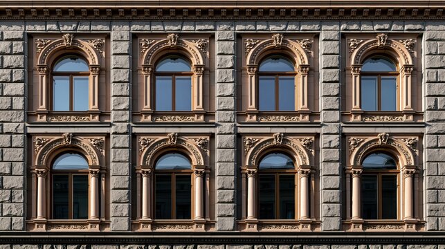 A close-up view of an ornate building facade with arched windows and stone bricks