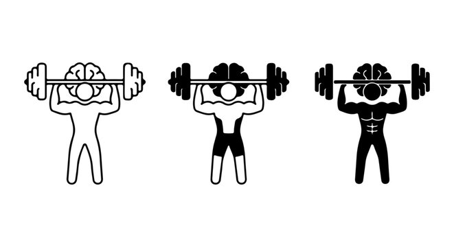Brain Lifting Weights Vector Icons, Strength and Intelligence Concept, Fitness and Mental Power