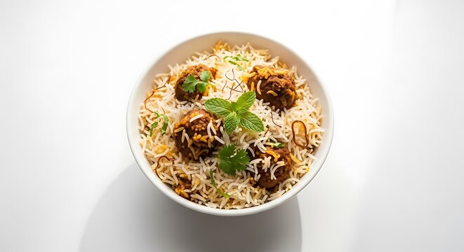 Delicious bowl of rice with meat and herbs on a white surface one dish
