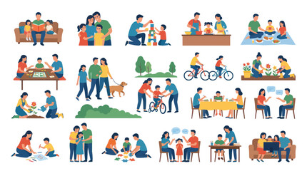 Naklejka premium Family Activities Flat Vector Icons: Diverse People Enjoying Quality Time Together