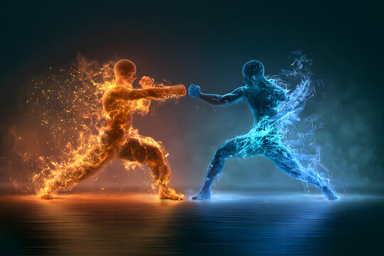 Two adversaries engage with energy&mdash;fire for one and ice for the other. One warrior shines a vivid orange, aflame, while the other emits a serene blue glow, representing icy coldness. Standing in a for
