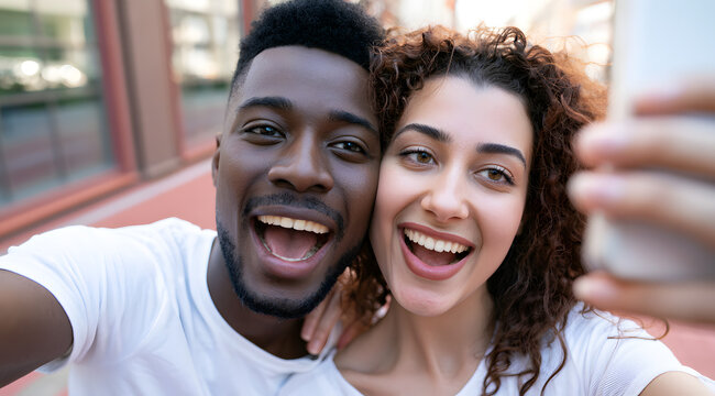 A smiling interracial couple took a selfie with their smartphone. They enjoyed chatting via video call outdoors, appreciating both the modern technology and their connection. Showing love and unity.