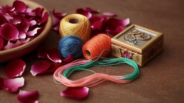 Still Life Composition Featuring Colorful Yarn Spools With Decorative Rose Petals and Antique Trinket Box on Rustic Brown Background