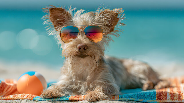 Funny scruffy dog wearing colorful aviator sunglasses while sunbathing on a beach towel with a toy ball. Cute tropical summer vacation pet travel background.