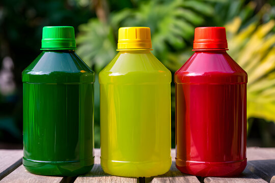 Three bottles of plant nutrient solutions: nitrogen for micro growth and bloom. Suitable for gardening, agriculture, and horticulture. Available in green, yellow, and red bottles for plant nourishment