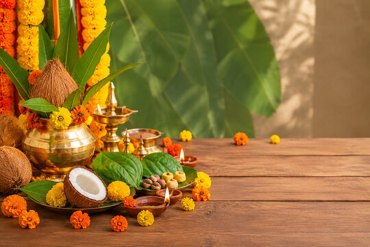 Traditional Indian festive background with banana leaf, brass oil lamp, flowers and wooden table, elegant cultural celebration backdrop