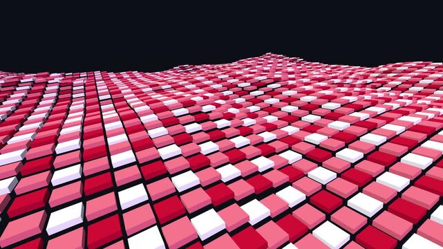 mathematically perfect seamless loop of undulating three-dimensional gingham fabric boxes in classic red, white, and pink, rotating as an abstract ambient wallpaper.