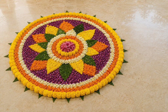 Elegant circular floral rangoli with marigold petals and oil lamps, traditional Indian festival decoration with vibrant colors