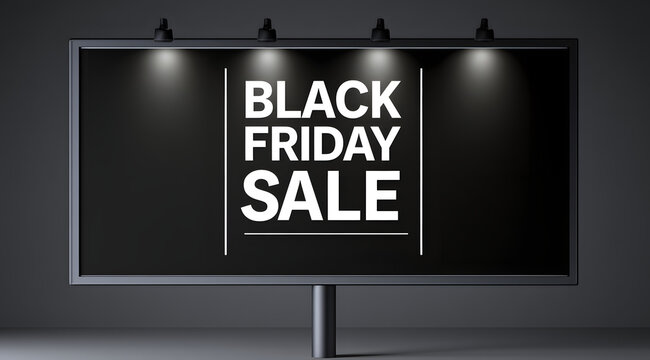 Black Friday promotion on a dark billboard illuminated by spotlights. A minimalist message highlighting significant discounts and shopping festivities. These offers generate retail excitement for shop
