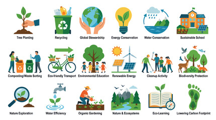 Naklejka premium Eco-friendly Icons: Sustainability, Recycling, Nature, Energy, Education, Environment