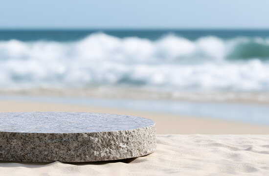 A sandy beach features a round stone podium, with indistinct ocean waves and a sky of deep blue. This natural setting serves as an ideal backdrop for product placement during summer vacations, offerin