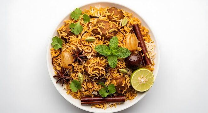 Delicious plate of rice and chicken biryani with herbs and spices on white background