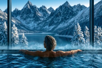 Fototapeta premium Man relaxing in steaming infinity pool overlooking snowy mountain peaks in luxury winter resort photography for travel marketing