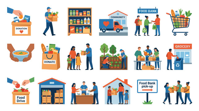 Flat Vector Illustration Set: Food Donation, Food Bank, Charity, and Community Support Activities