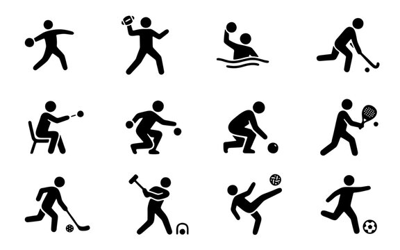 Sports Stick Figure Pictograms and World Ball Games Athlete Icons Set
