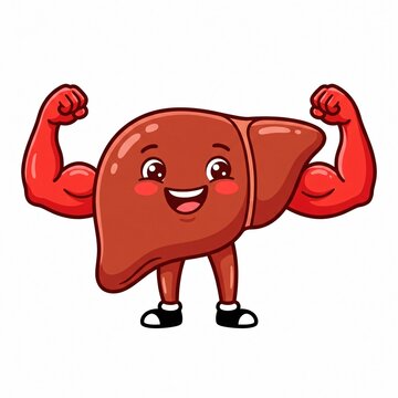 A cartoon liver illustration with flexed muscles and a happy face