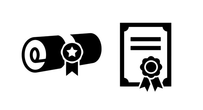 Graduation degree scroll and award certificate document icons