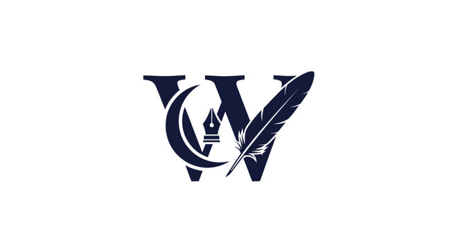 Elegant monogram logo with quill and flame design.