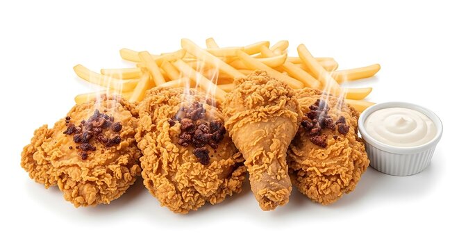 Fried chicken pieces with herbs and spices served with french fries and sauce