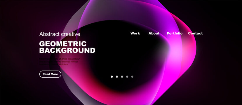 Modern website design features vibrant abstract shapes, dark background. Navigation includes work, about, portfolio, contact options.