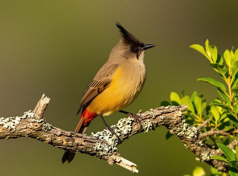 Phainopepla bird sits on broken tree branch outdoors. Wild avian creature with distinctive black head crest plumage orange tail feathers, red eyes rests in forest environment. Sunny daylight