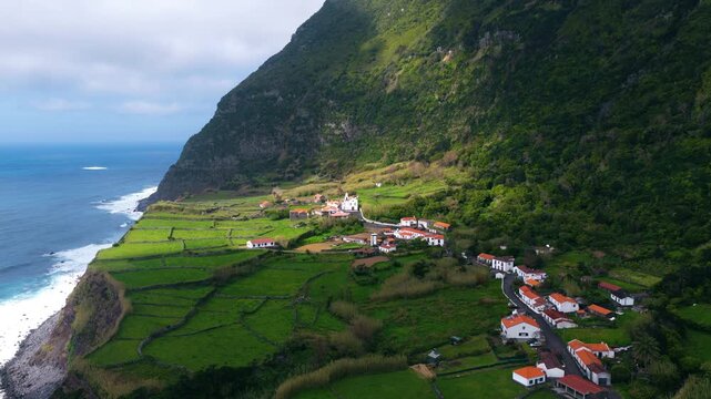 Faj&atilde; Grande Village On The Western Coast Of Flores Island, Azores, Portugal. Aerial Drone Shot