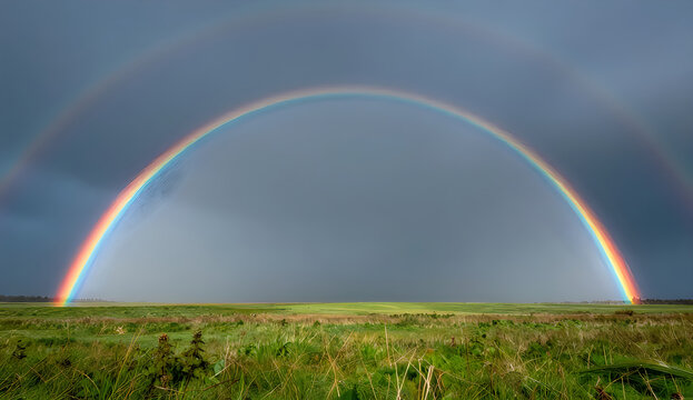 Full double rainbow over a green field