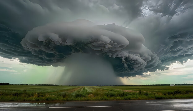 Supercell storm over a rural landscape