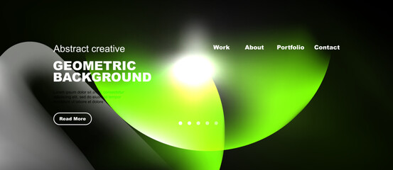 Naklejka premium Modern website header design. Vibrant green, gray shapes overlap black background. Minimalist text elements present portfolio information.