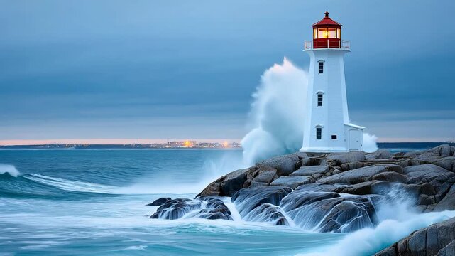Large waves crash near a lighthouse on a rocky coast during dusk Generative AI