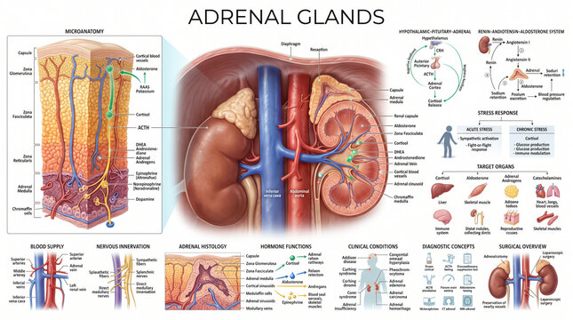 Detailed medical illustration depicting the anatomical structure and physiological hormonal functions of human adrenal glands with labeled clinical diagnostic information