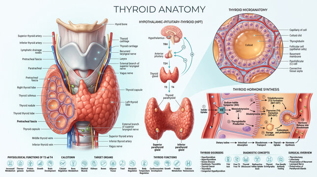 Detailed medical illustration showing human thyroid anatomy including hormonal synthesis processes and physiological functions for educational healthcare and scientific research purposes