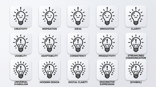 Minimalist light bulb icons symbolizing creativity, clarity, innovation, and synergy in modern digital design harmony.