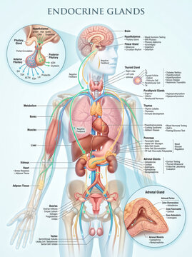 Detailed medical illustration showing the endocrine glands system of the human body with labels for hormones and specific organ functions