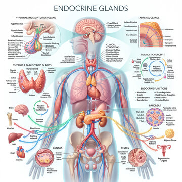 Detailed medical illustration showing the human endocrine system glands and their specific hormonal functions within the anatomy of a body