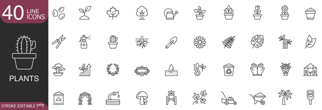 Plants and gardening line icon vector set featuring botanical elements, nature, and floral care concepts with editable stroke.